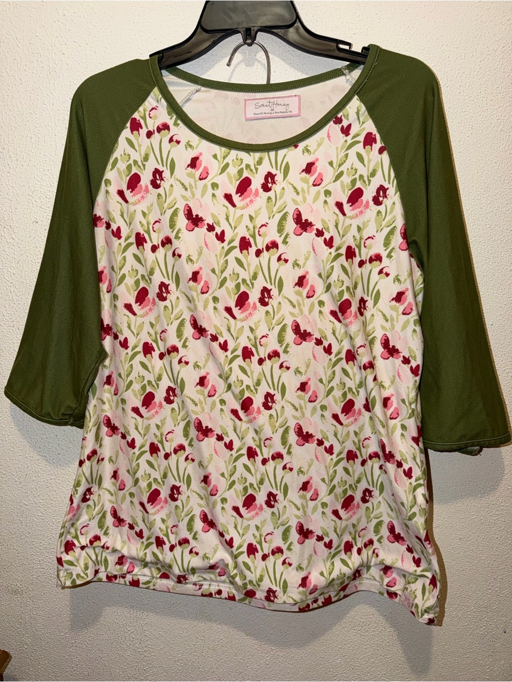SweetHoney Olive Sleeve Floral Raglan Tee with Pink & Red Blooms